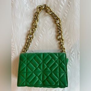 Zara green quilted purse with gold chain.
